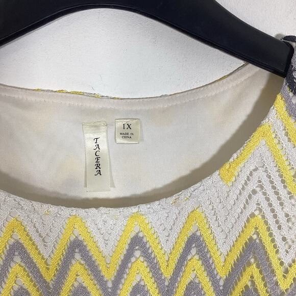 Tacera Midi Shift Dress XL Chevron Zig Zag Crochet Boho Yellow Grey Bell Sleeve - Picture 2 of 7